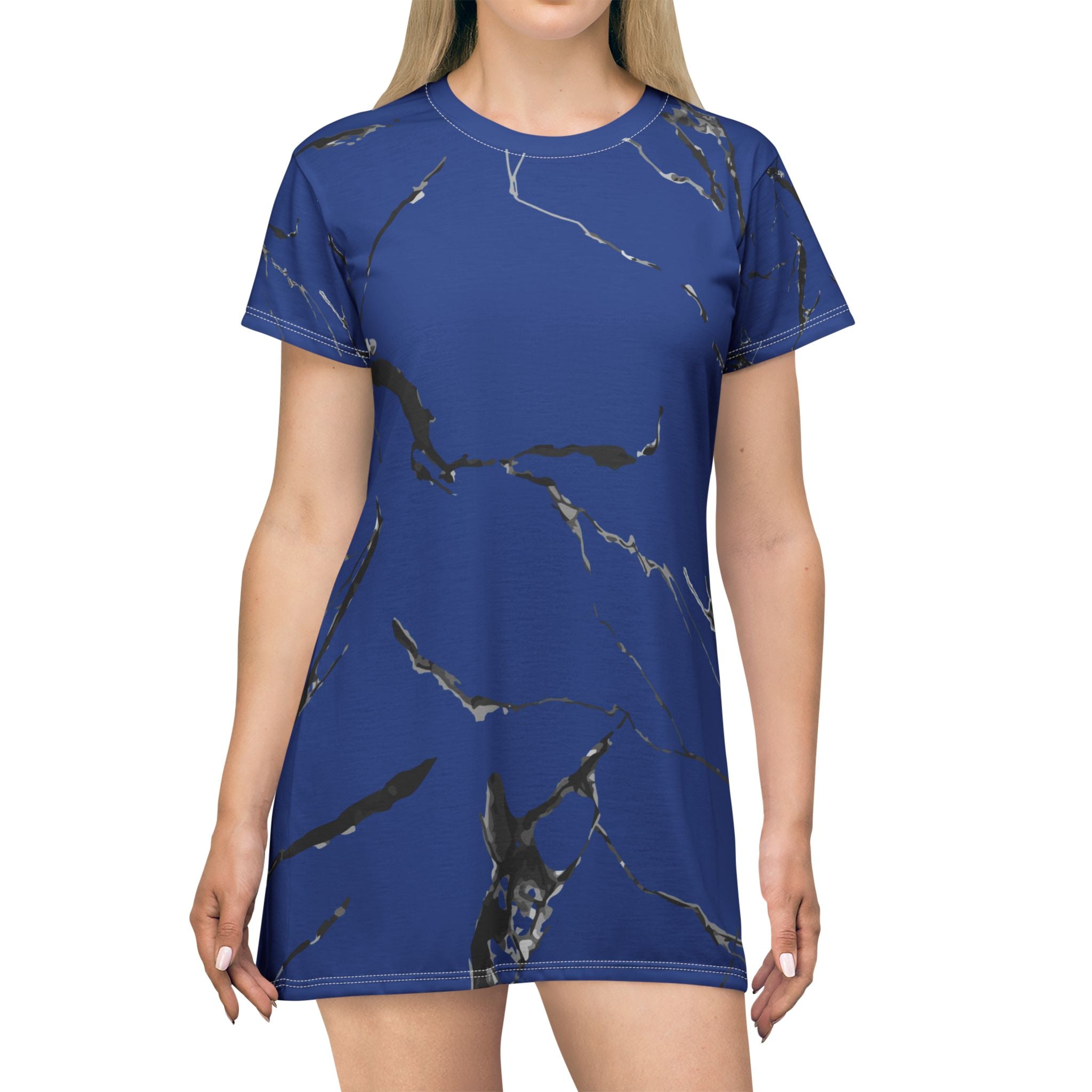 Blue Marble T-Shirt Dress, Trendy Casual Wear, Summer Fashion, Everyday Dress, Perfect Gift for Her, Marble Print Dress